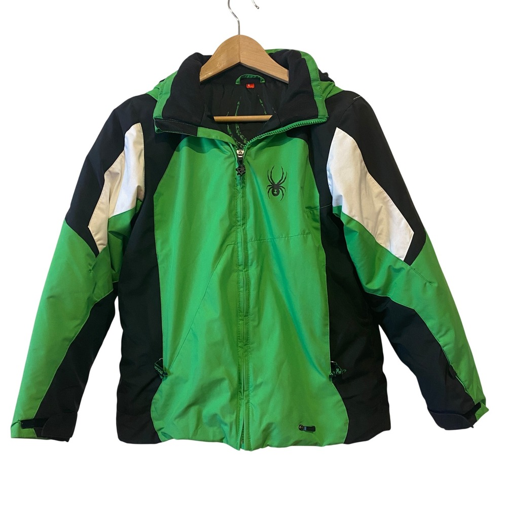 Spyder Kids Ski Jacket Size 14 Green Black Hooded Winter Coat Outerwear